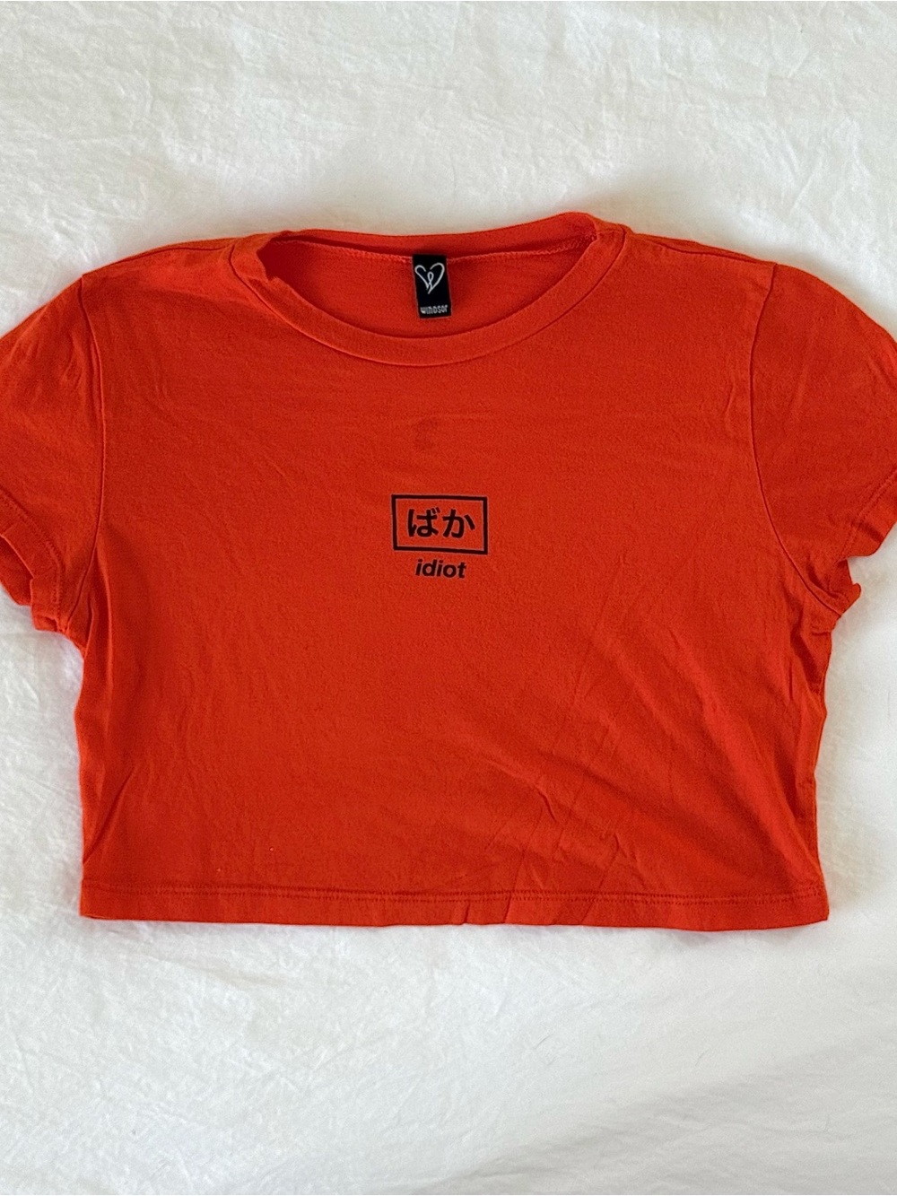 windsor orange japanese “baka” idiot cropped baby tee